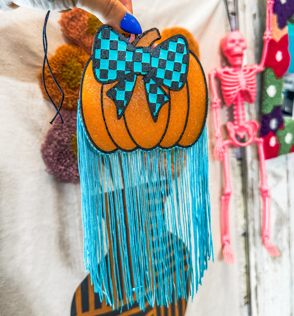 Turquoise Checkered Bow Pumpkin Car Freshie• Autumn Days