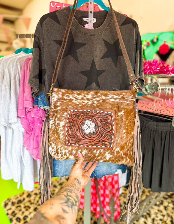 Whipstitch Tooled Cowhide Fringe Purse