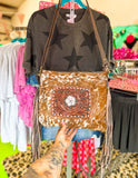 Whipstitch Tooled Cowhide Fringe Purse